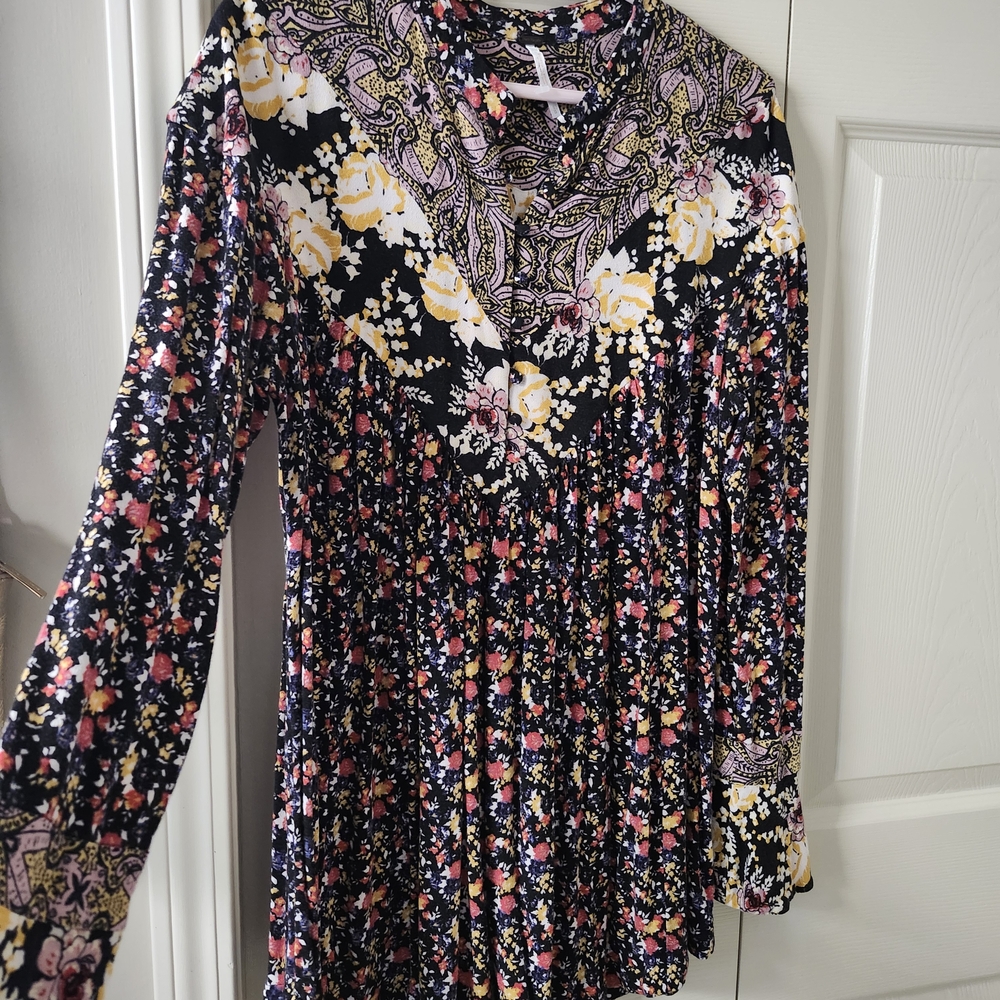 Free People Floral Boho Blouse - Black, Yellow, Pink